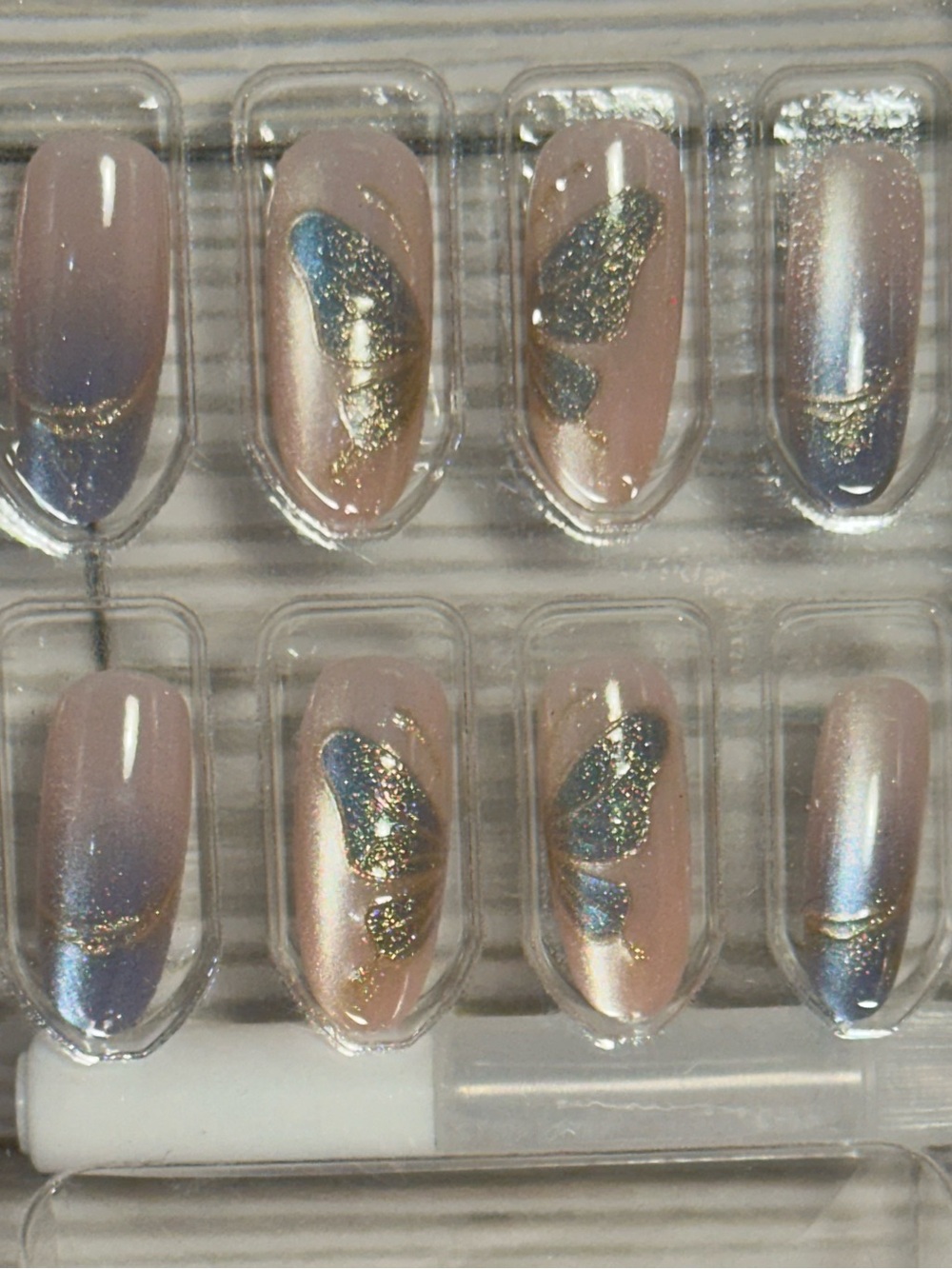 Medium Oval Press on Pink Cat eye Nails W Blue Butterfly Design Fairy Coquette